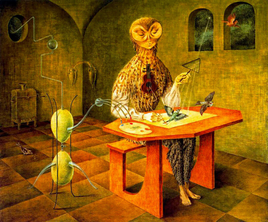 Creación De Las Aves, oeuvre de l'artiste surréaliste Remedios Varo où l'on y voit une femme-chouett en train de dessiner des oiseaux