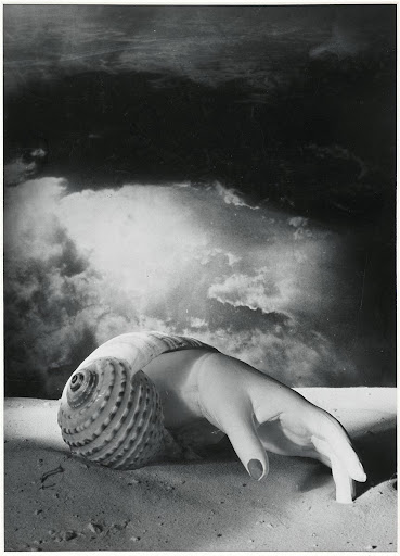 Photomontage surréraliste représentant une main sortant d'un coquillage de l'artiste Dora Maar